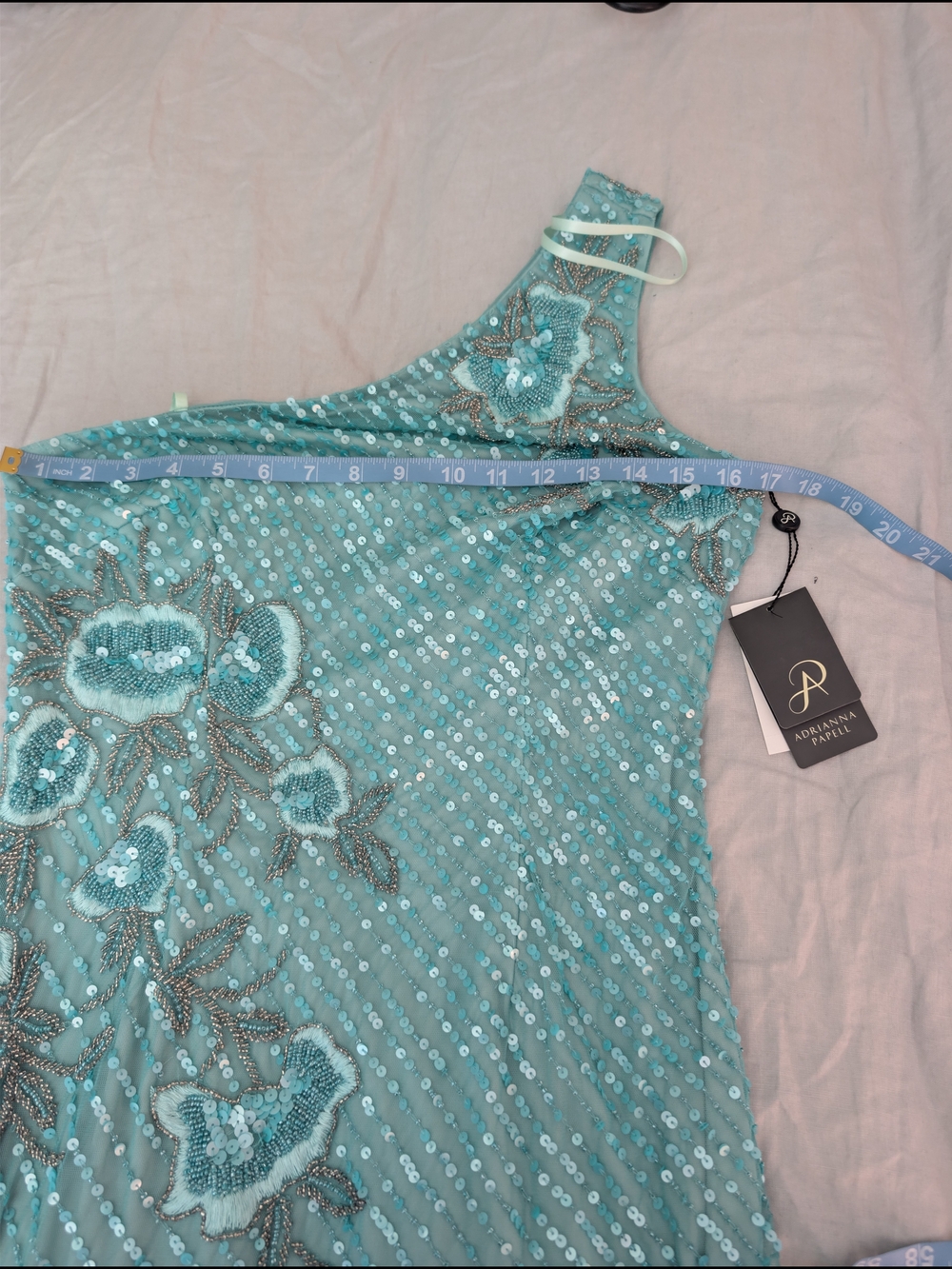 NWT Adrianna Papell Aqua Floral Sequin One Shoulder Gown 8 - Picture 7 of 9